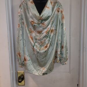 Green and orange flower satin blouse 3xl